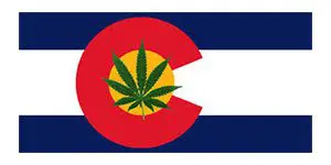 A flag of colorado with a marijuana leaf on it.